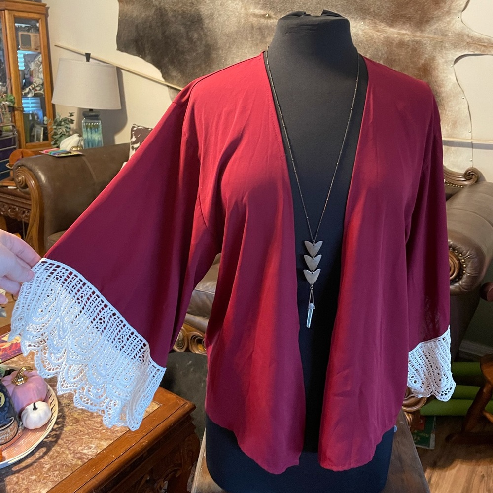 Fab’rik Crimson red lace crochet kimono